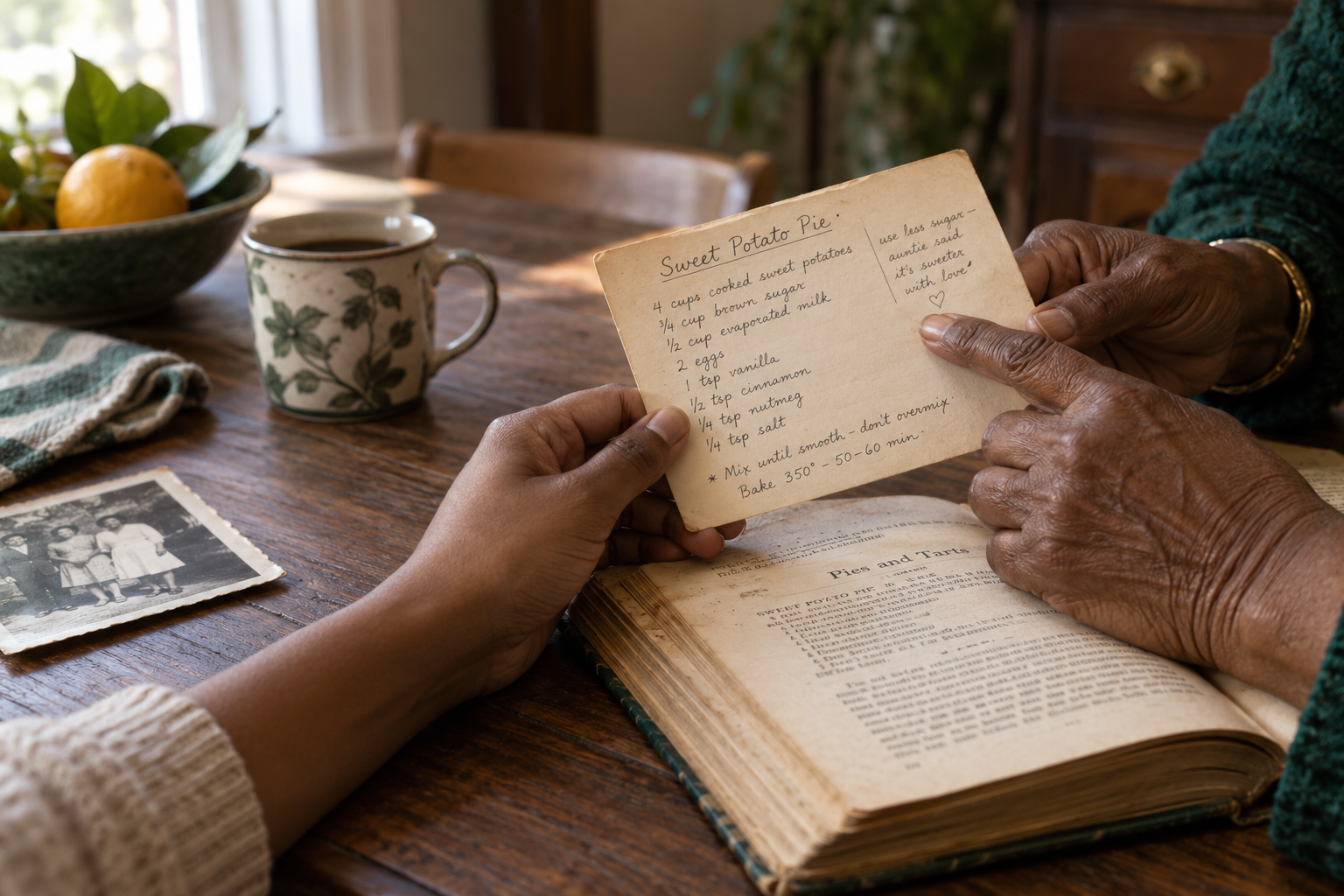Two generations holding a handwritten sweet potato pie recipe at a family table