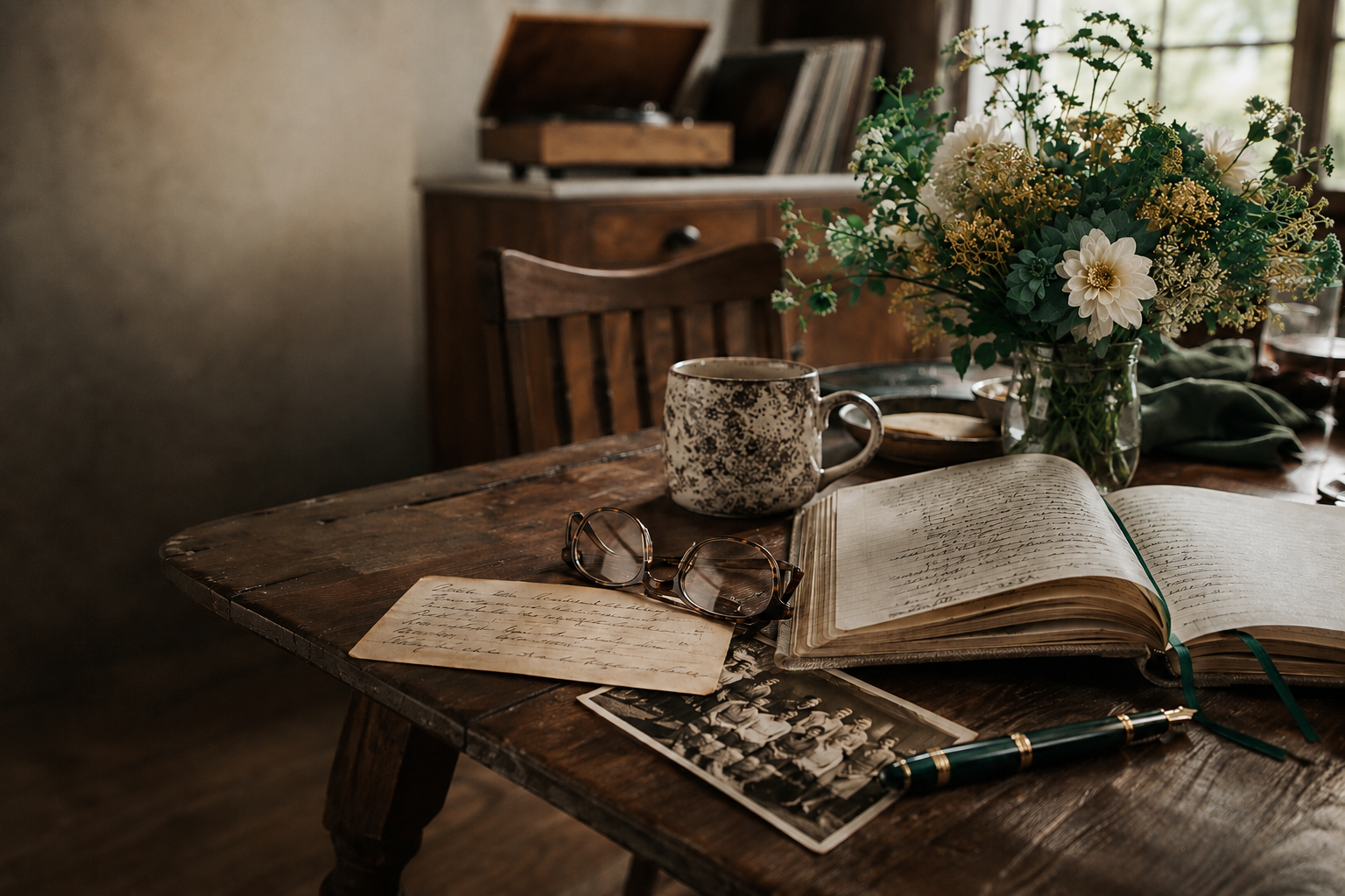 A family table with handwritten pages, photographs, and a well-used journal